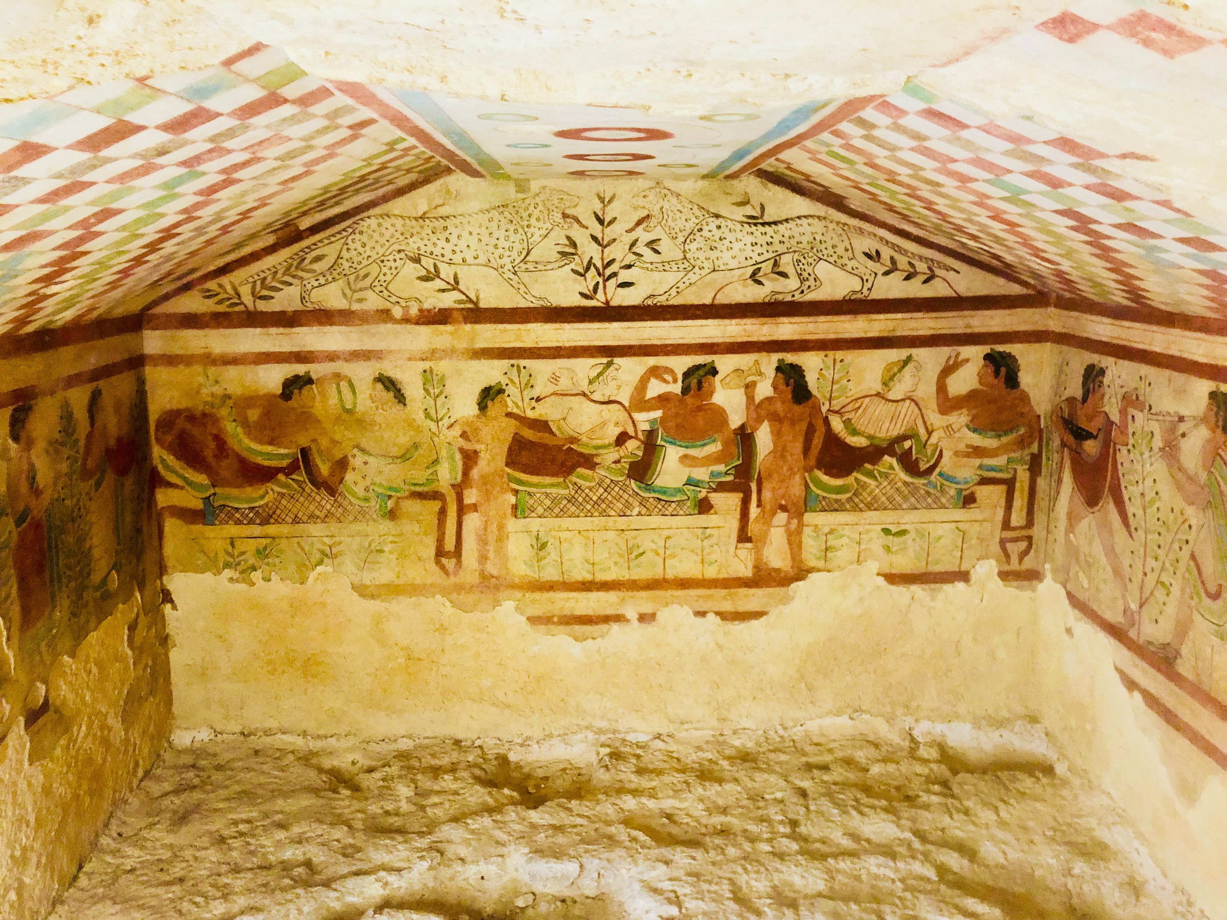Etruscan painted burial chamber, tomb of the Leopards, Tarquinia